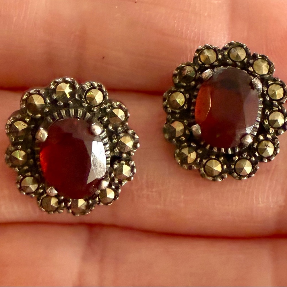 Sterling Silver 925 Garnet And Marcasite Earrings